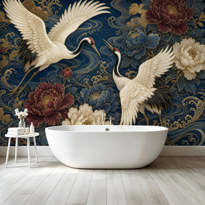 Peler et coller le papier peint adhésif, éléments de grue japonais sans soudure, art mural asiatique, auto-adhésif et amovible