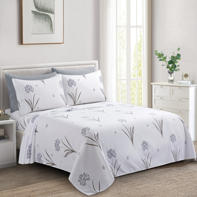 Marina Decoration Home Decor Bedding Bedroom Bedsheet Soft Silky Deep Pocket Rayon from Bamboo All Season 6 Pieces Printed Sheet Set with 4 Pillowcases, Grey Hydrangea Floral Pattern Queen Size