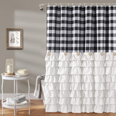 Plaid Shower Curtain, Fabric with Buttons and Ruffles  (Black)