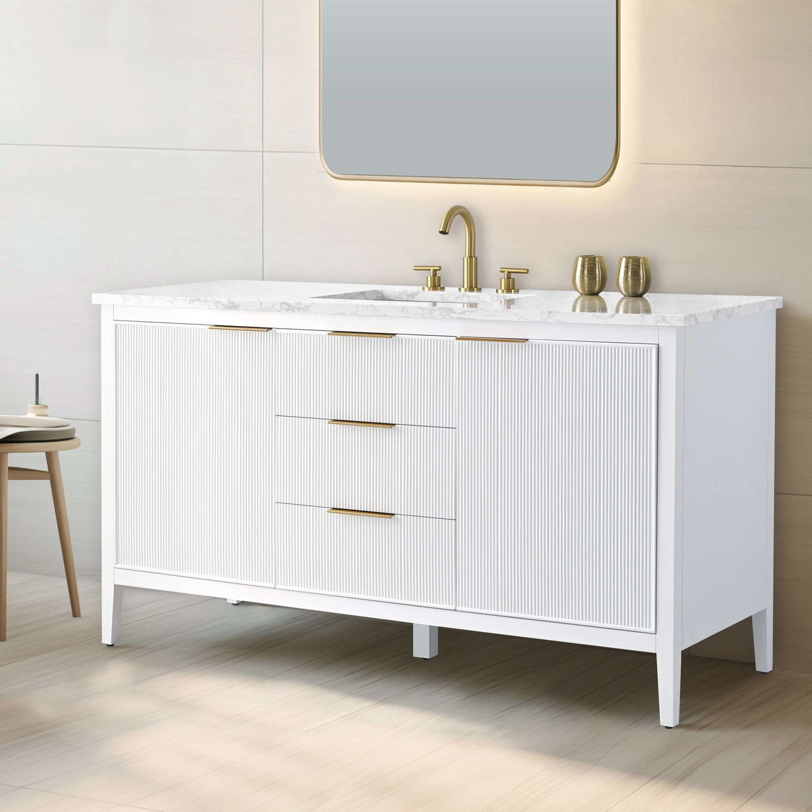 Bilroy 60" Pine Single Bathroom Vanity, White/Brushed Bronze