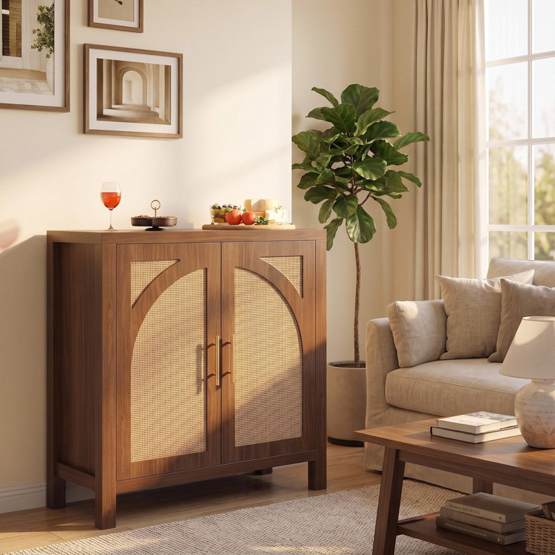 31.5" L Boho Rattan Sideboard Buffet Cabinet With Large Storage, Home Kitchen 2-Door Credenza Coffee Bar Cabinets With Adjustable Shelves