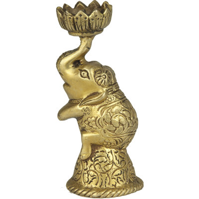 Brass Elephant Candle Holder, 4.6 in. Lotus Cup Design, Traditional Indian Sculpture for Living Room & Meditation Space