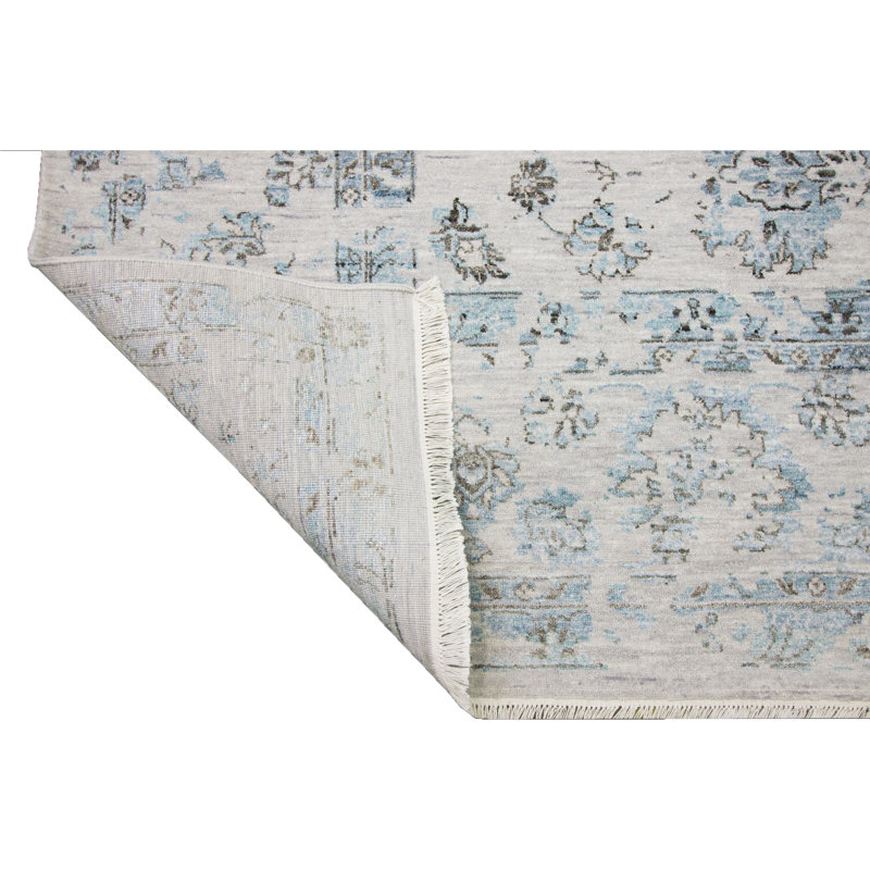 Tapis gris / bleu noué à la main de haute qualité, Rectangle 8 pi x 10 pi