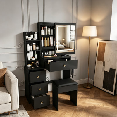 Black Modern Vanity Desk With 3‑Mode Adjustable LED Lights, 4 Drawers, Open Storage Shelves, Hair Dryer Holder, Power Outlet & Matching Vanity Chair