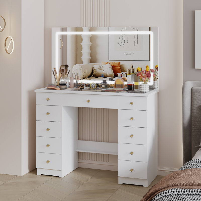 Coiffeuse de maquillage moderne avec lumières DEL et plateau en verre - Élégante table de beauté à 9 tiroirs