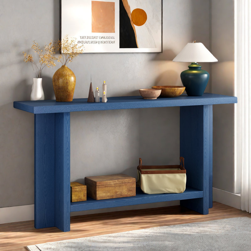Vintage Console Table With T-leg Design And 2-tier Structure, Navy Blue
