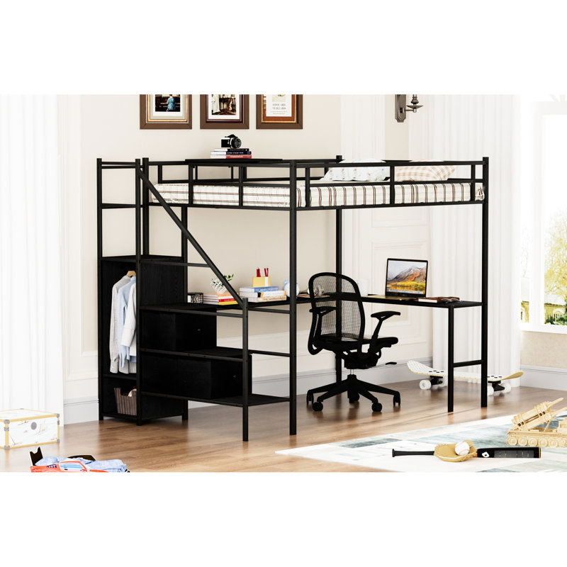 Lit double avec bureau en L, lumières à DEL et matériaux de qualité - Meuble de qualité supérieure