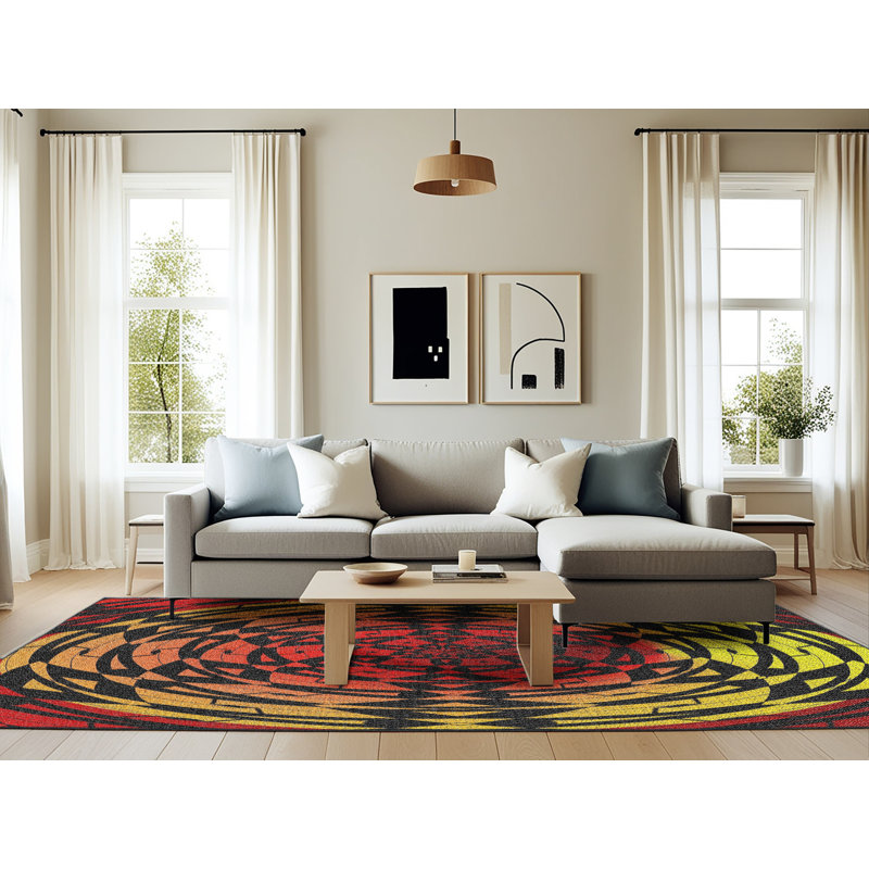 Tapis noir/rouge/jaune à motifs, Rectangle 6 pi x 9 pi