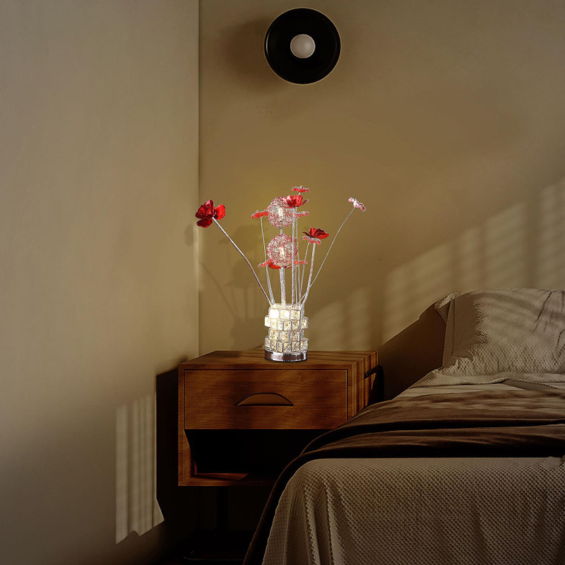 Aluminum 4 Red Roses 6 Petal Floral 2 Red/Silver Flower Bud On A 4 Squared Modern Hexagona Chrome Vase Table Lamp For Living Room, Nightstand Bedside Table Lamp For Bedroom, LED Lamp