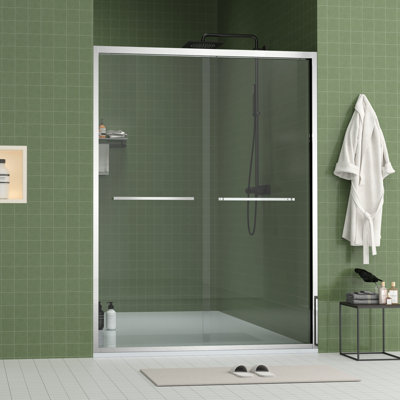 60" Wide And 70" High Aluminum Frame Bypass Bathroom Sliding Door With Double Handle As Towel Rail, - Crash Angle, Mute Rollers, Easy To Install 56 Adjustable Width 8Mm & Tempered Glass, Stainless
