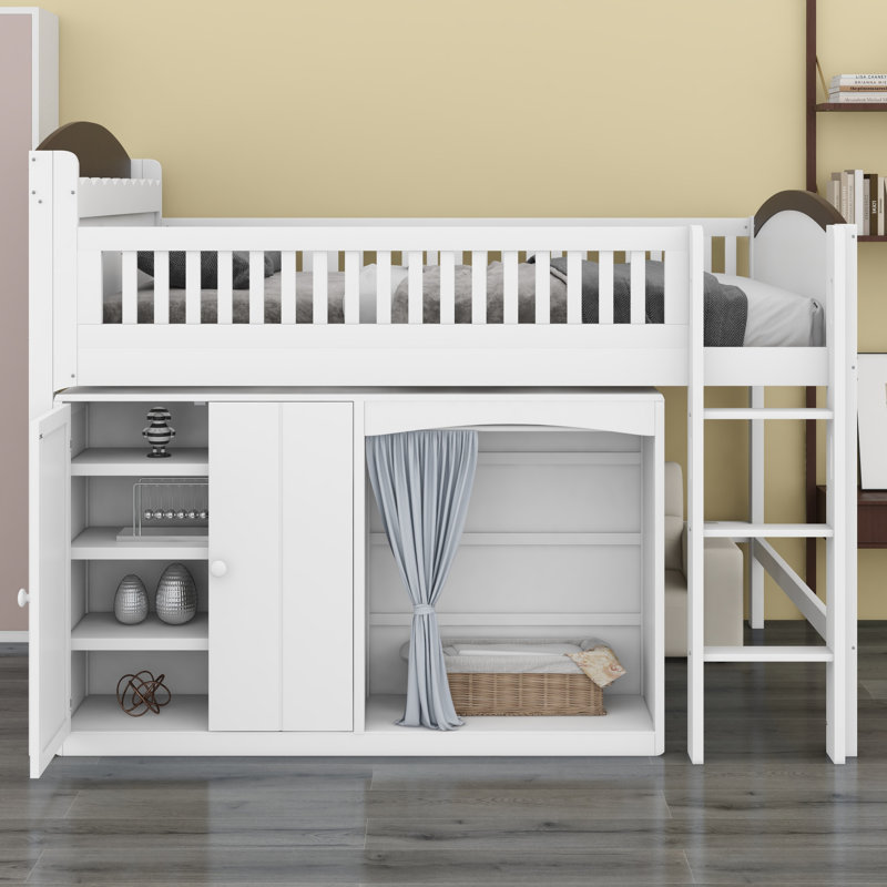 Loft Bed with Wardrobe, Storage Cabinet, White