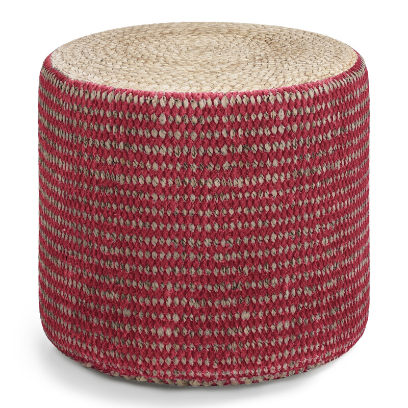 Larissa 18"W Jute Round Braided Pouf, Natural/Maroon