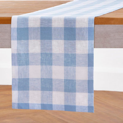 Chemin de table en lin - Bleu / blanc - Style buffle à carreaux, 100% lin pur, chemin de table court pour commode et table basse