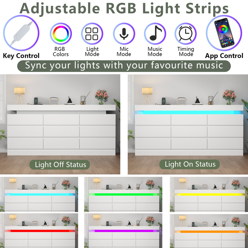 White Modern 9-Drawer Dresser with LED Lights