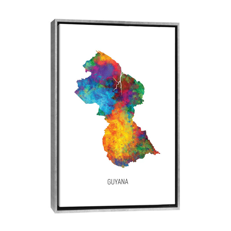 " Guyana Map " by Michael Tompsett, Silver Framed Canvas, No Mat, 48" H x 32" W x 1.5" D