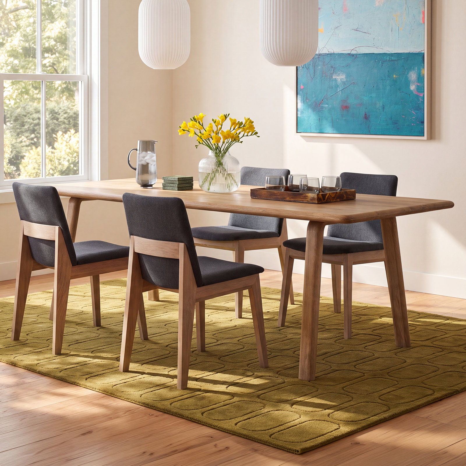 Dining Table Set, Oak, Dark Gray