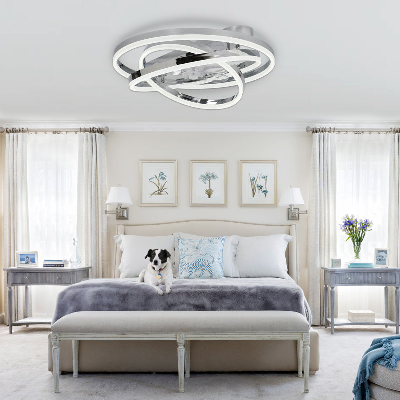 Hagensee 24" DIY Shade Modern Chrome Ceiling Fan with Light and Remote, Flush Mount Fandelier with DC Motor, Chrome