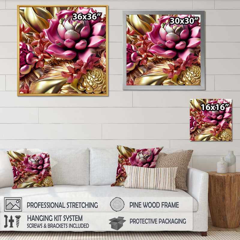Exquise rose et roses glamour dorées, H 30 po x l 30 po x P 1 po, Cadre flottant blanc