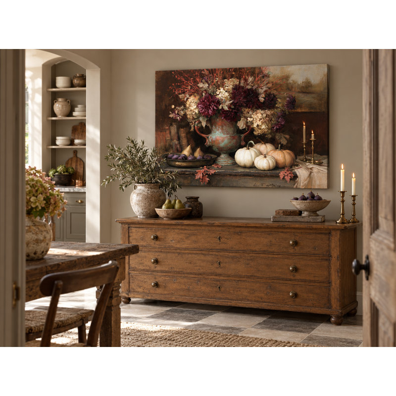 Art antique sur toile tendue avec fleurs et citrouilles, 36" W x 24" H x 1.5" D