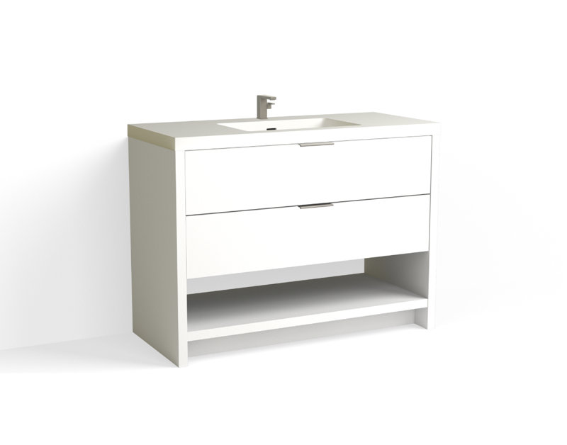 Vue 48" W Freestanding Single Bathroom Vanity, Matte White/Single, White Nanomatte, Satin Nickel