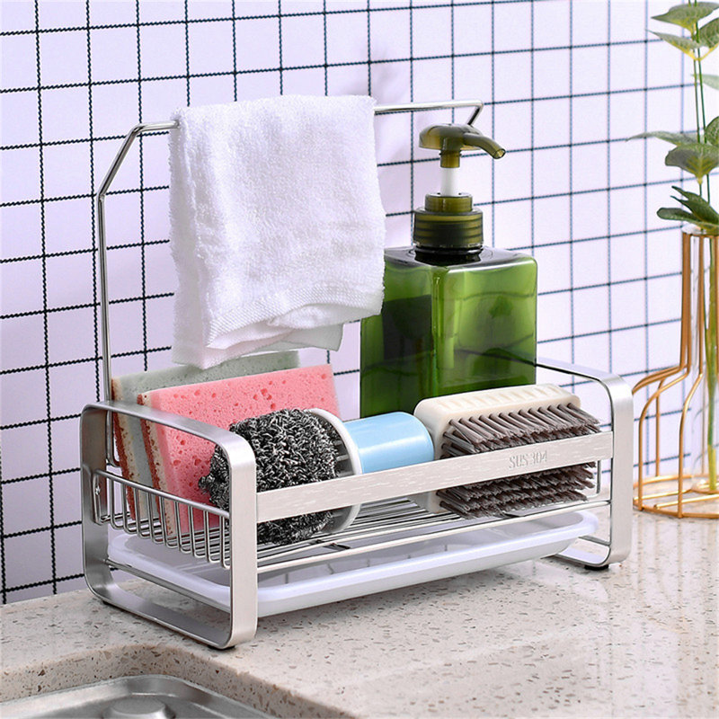 Wall-Mounted Dish Rack With Sponge Holder And Drainboard For Kitchen Sink Organization