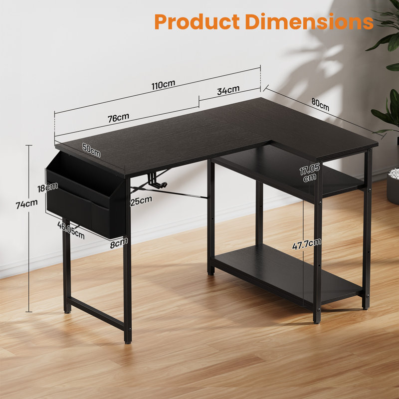 L-Shaped Metal Base Computer Desk, Black