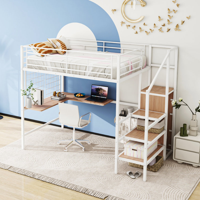 Full Size Metal Loft Bed with L-Shape Desk, Ladder Shelves & Wardrobe – Space-Saving Stylish Bedroom Furniture, , White