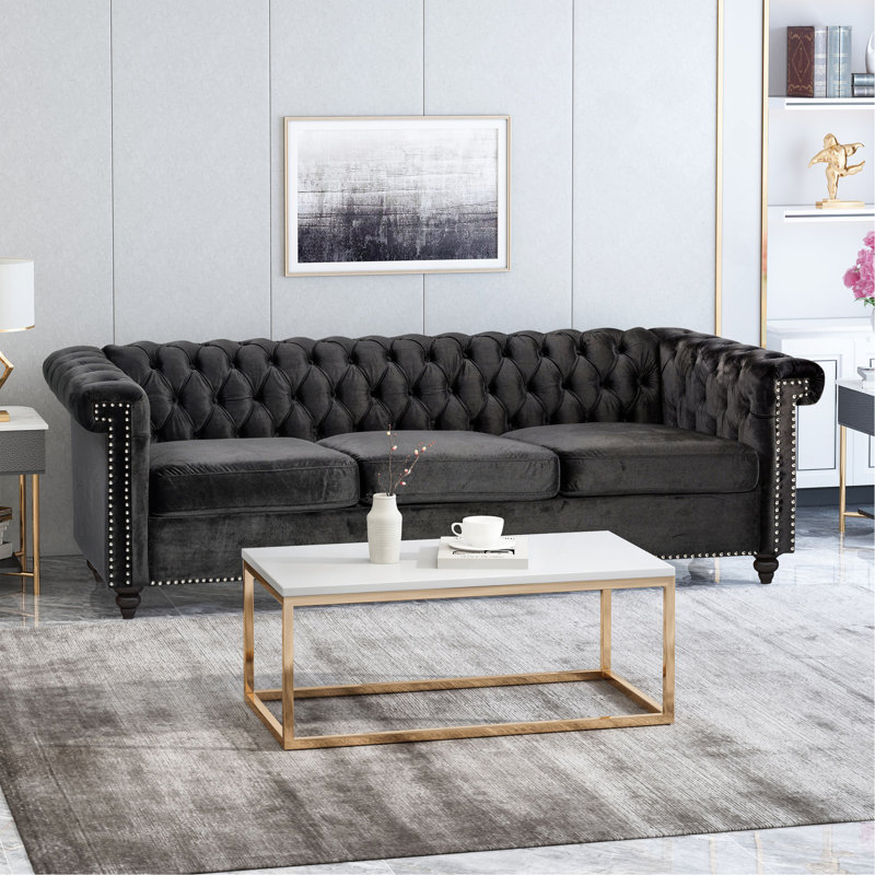 Canapé classique de style Chesterfield avec un design intemporel et des éléments traditionnels, Velours noir