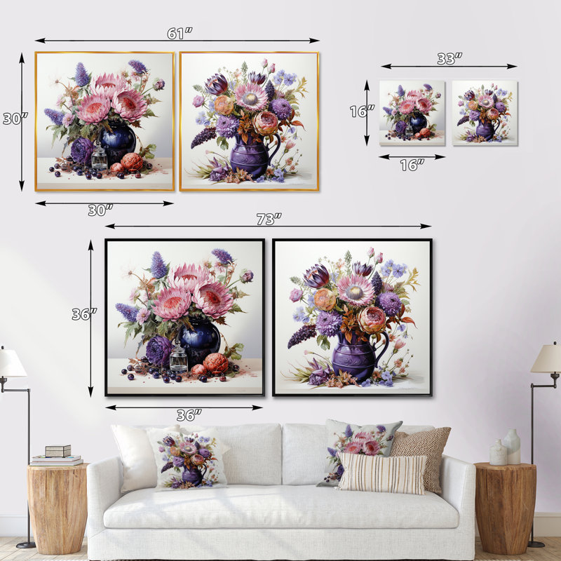 "Nature morte bouquet de chardon" 2 pièces, Toile tendue, H 36 po x l 73 po