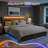  Fluted Panel Platform Bed with Storage, LED Lights & USB Charging - Wooden Beds & Frames,Queen/Dark Brown-1089825228-1089825225