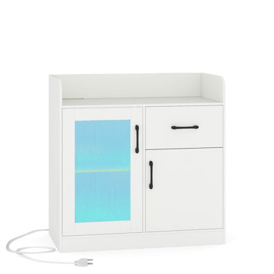 LED Buffet Sideboard with Charging Station Drawer Translucent Fluted Door, White White