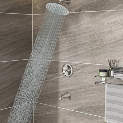 Pommeau de douche mural rond de 25 cm (10 po) avec bec en cascade, fini nickel brossé - Valve, orientable à 360°, installation et nettoyage faciles, trousse de montage incluse, garantie d'hygiène sanitaire.