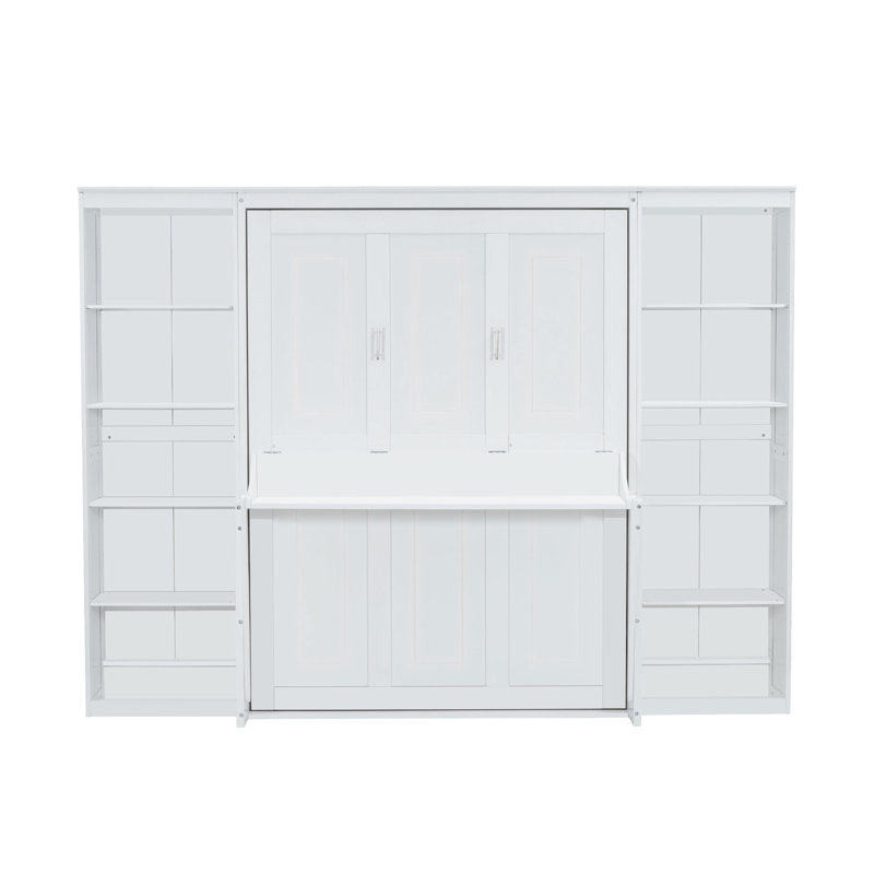 Lit escamotable Azfar avec bureau et bibliothèque, Double, Blanc