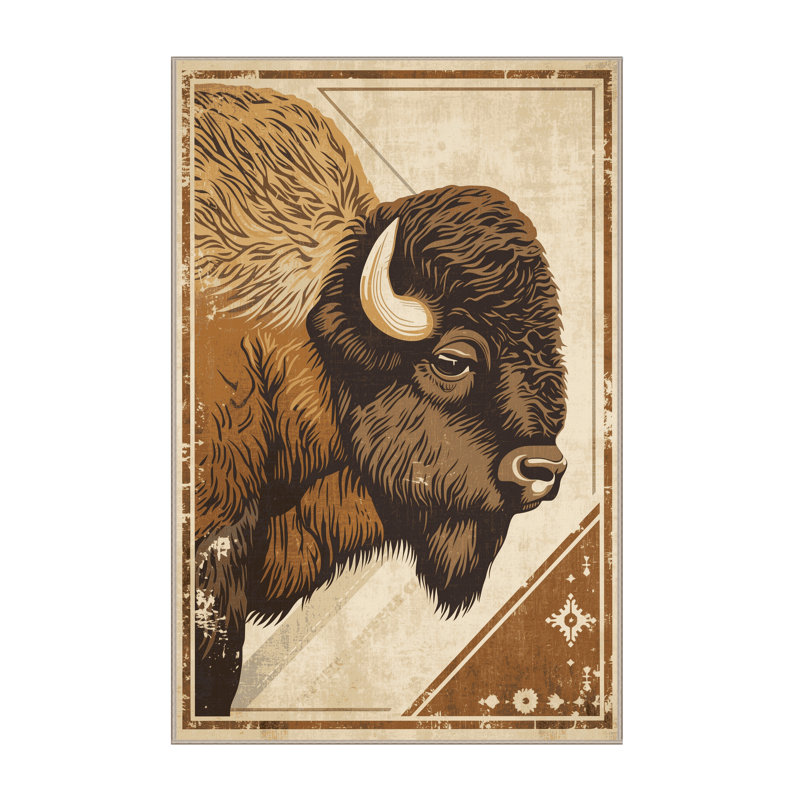 Machine Washable Ozgur Bison Buffalo Rustic Vintage Look Rug in Beige – Beige Binding, 5x7