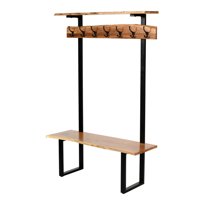 Banc en bois d'acacia massif avec tablettes de rangement et 7 crochets à manteau P 48 po H 72 po Pomona