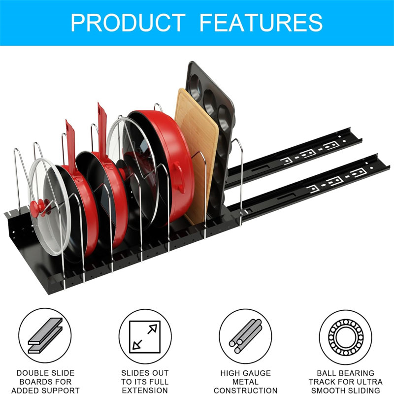 Cabinet pull out pot rack with sliding design, suitable for storing pot lids, bakeware and pans, space saving, practical and convenient.