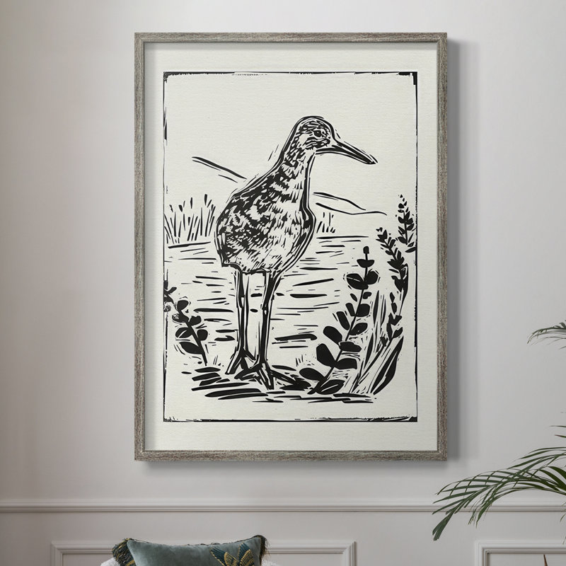Linocut Style Seabird II, reproduction encadrée - bois massif, H 30 po x l 24 po