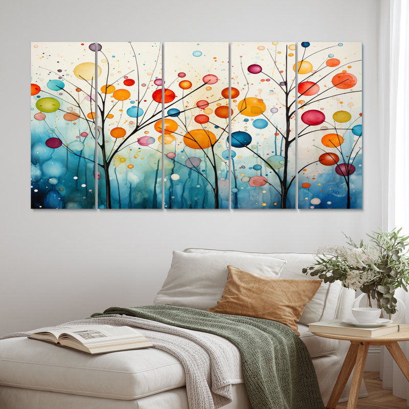 Teal Mid Century Retro Reflections - Mid-Century Canvas Art Print - 5 Equal Panels