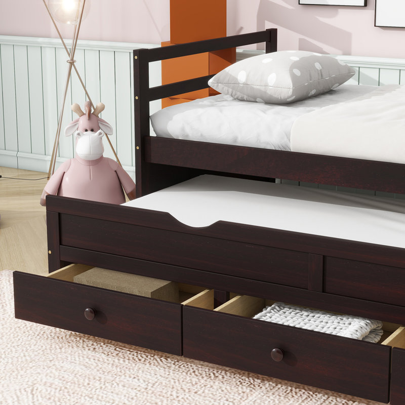 Bed With Headboard, Footboard, Trundle And Three Storage Drawers, Pine Wood Bed With Headboard, Footboard, Espresso