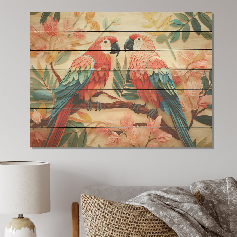 Fleurs tropicales roses et bleues - motif de perroquet sur bois, H 34 po x l 44 po