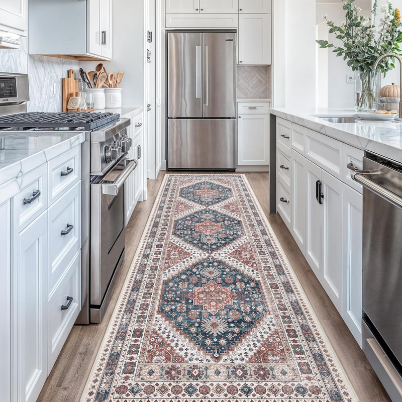 Medallion Non Slip Washable Rug(Red), Runner 3' x 10'