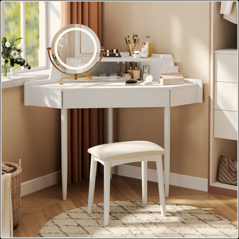 Meuble-lavabo de coin moderne avec grand rangement, miroir DEL et tabouret, luminosité réglable, peu encombrant