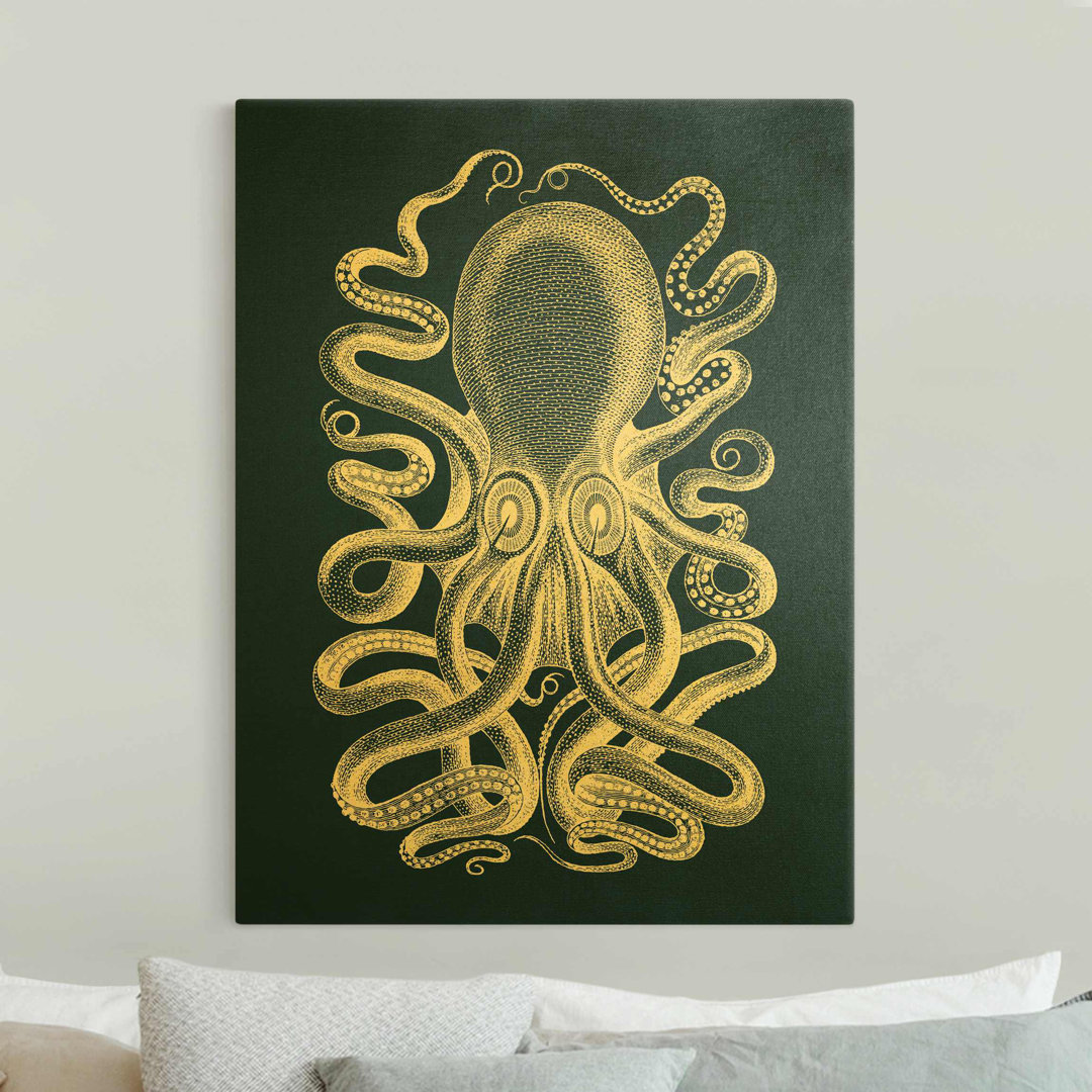 Leinwandbild Gold - Illustration Oktopus Auf Blau