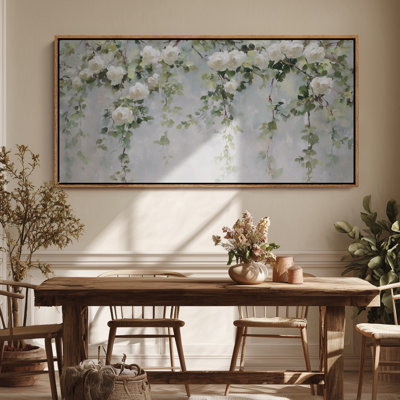 Art mural encadré sur toile - Vignes de roses blanches élégantes avec feuillage vert - 16 po x 24 po, 24 po x 36 po