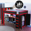 Lit mezzanine en bois avec garde-robe et bureau, tête de lit avec rangement et USB, rouge et noir-131143782