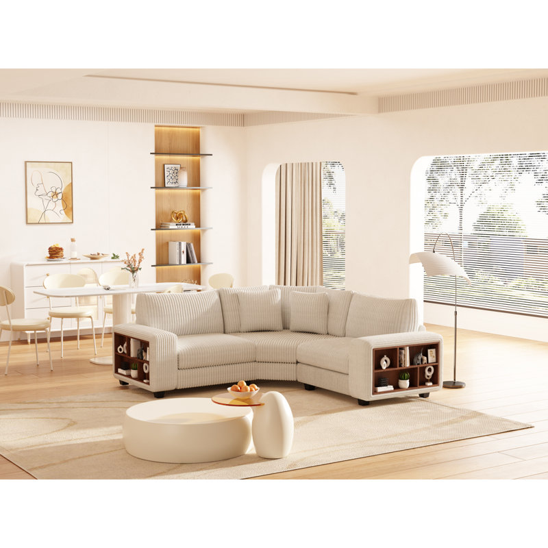 Canapé d'angle 3 places beige avec structure et rangement en bois, design crème élégant avec accoudoirs pour le salon