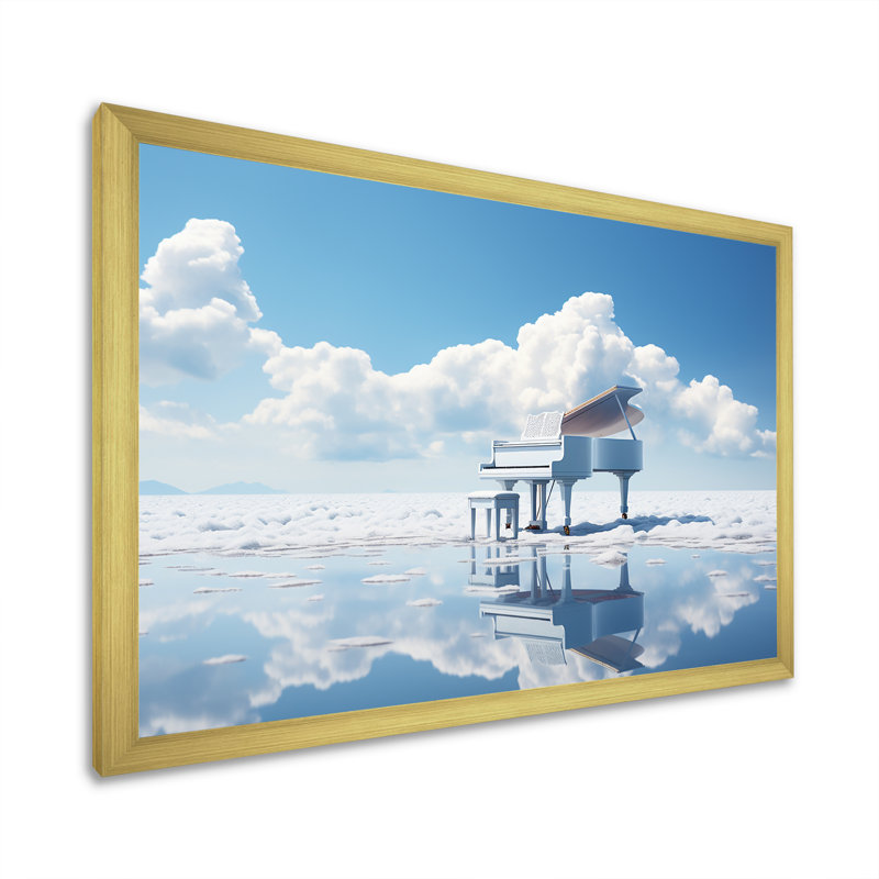 Piano flottant dans un nuage, photo I, H 24 po x l 32 po x P 1 po, Cadre doré simple