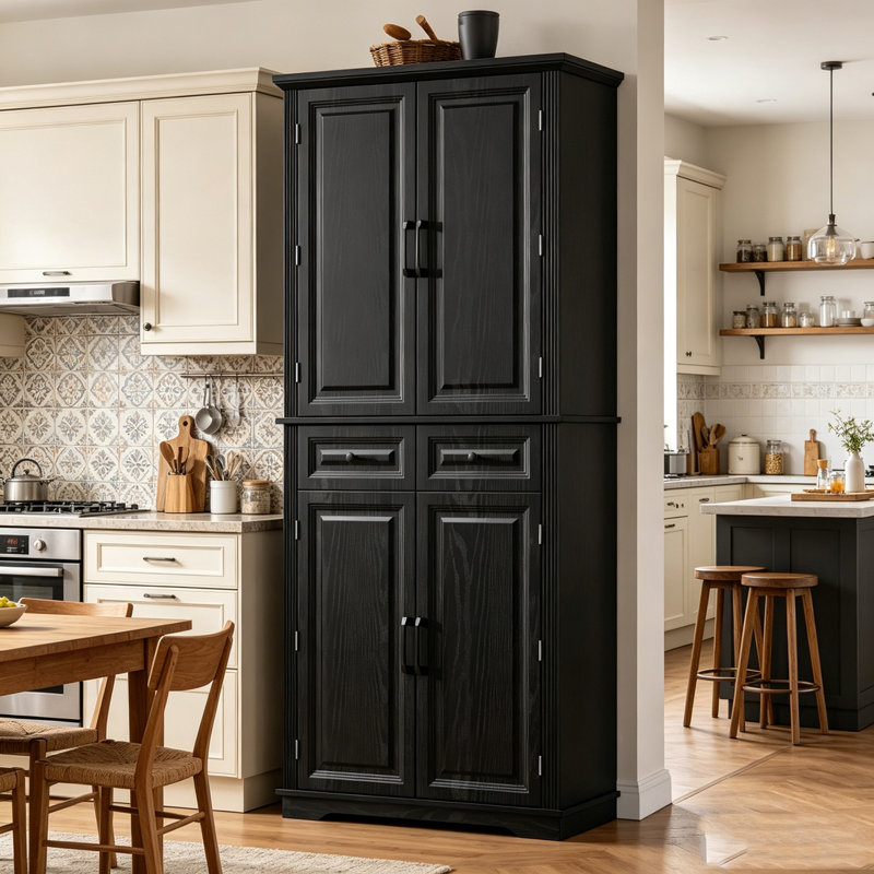 Armoire de cuisine avec 3 armoires coulissantes, 6 tablettes de porte et 2 tiroirs, Noir