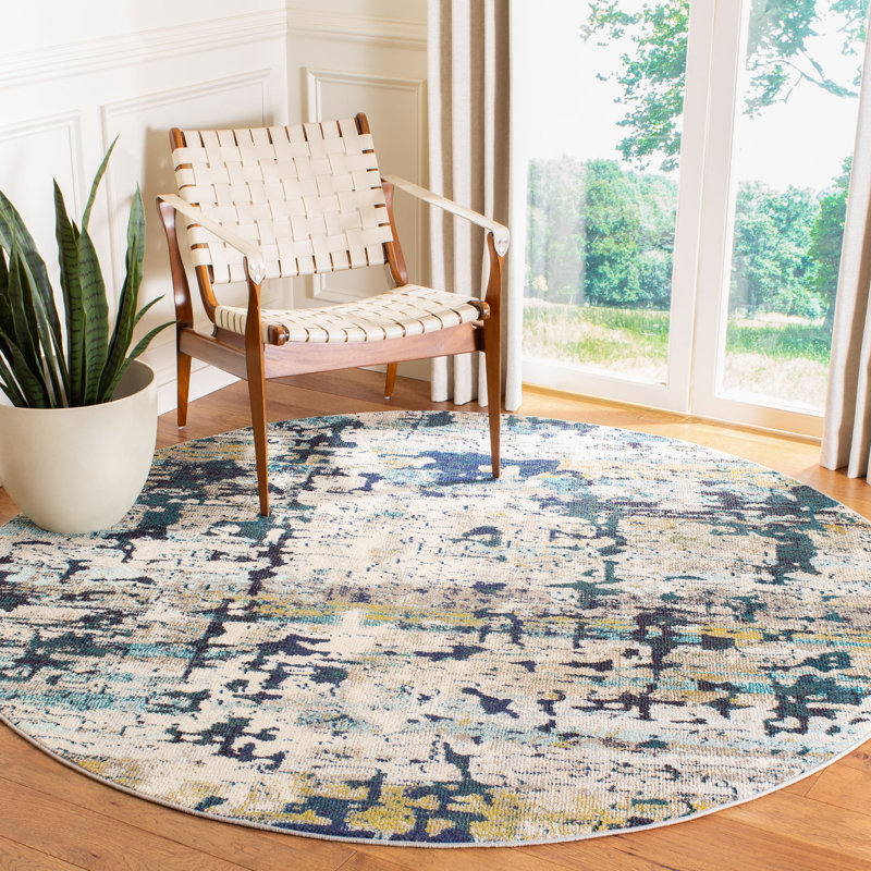 Felty Abstract Cream/Blue Area Rug, Round 5'