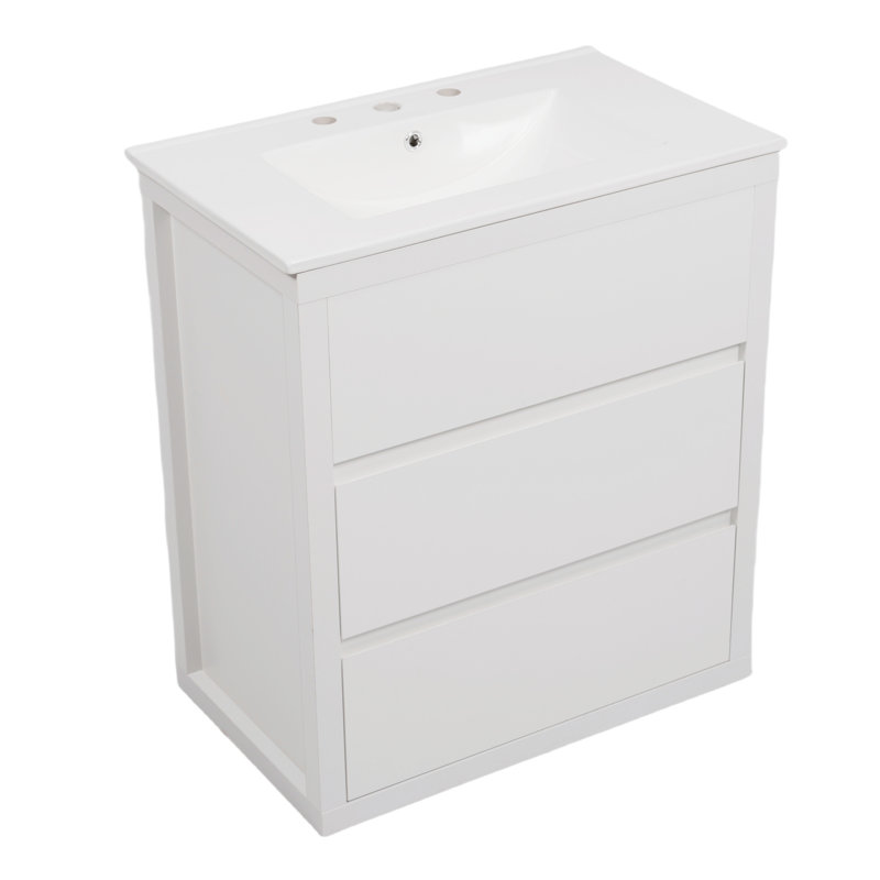  Meuble-lavabo minimaliste 30 po avec lavabo en céramique, armoire autoportante avec 2 unités de rangement à fermeture en douceur à extension complète, blanc